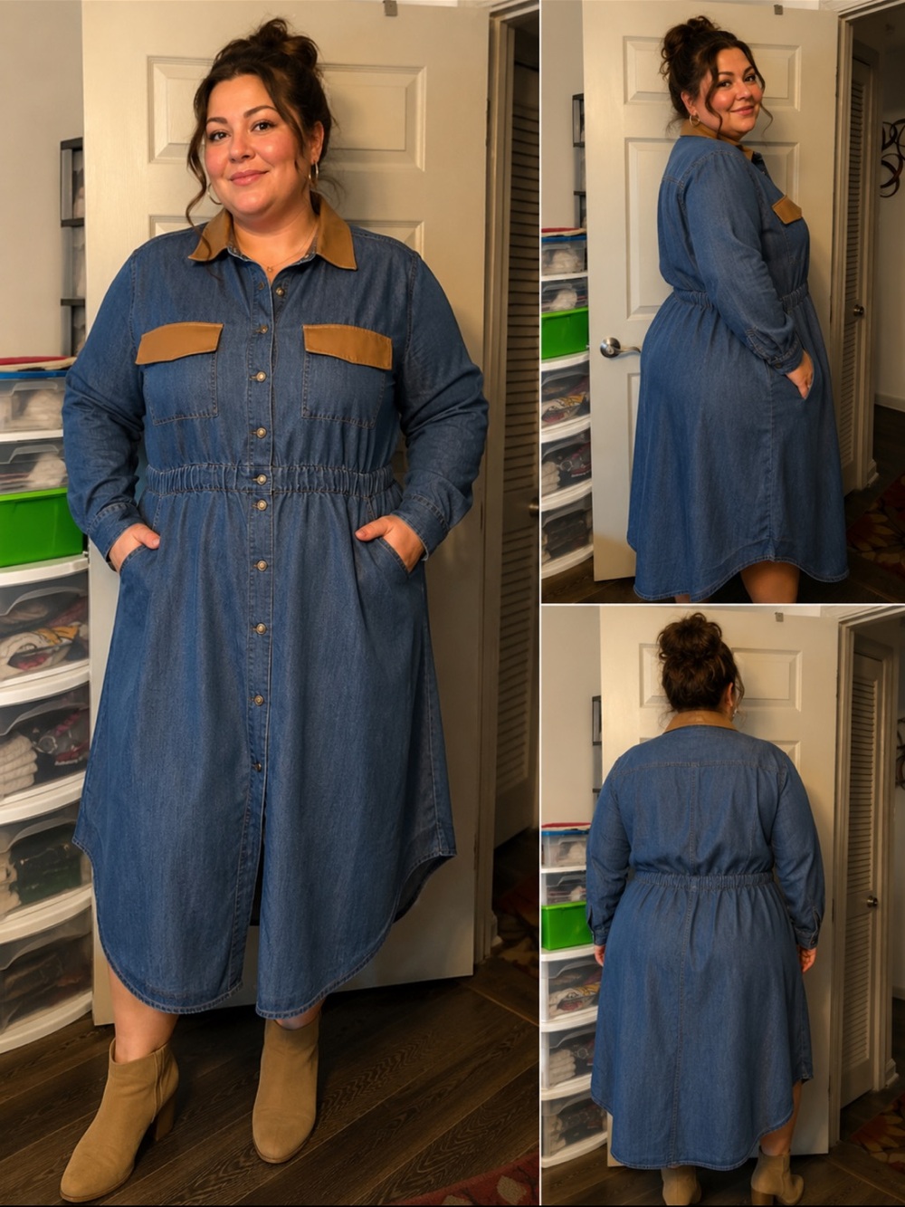 Ashley Stewart Blue Denim Dress with Tan Faux-Leather Trim